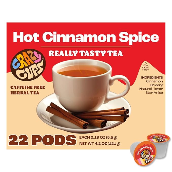 Crazy Cups Hot Cinnamon Spice Herbal Tea Pods, 22 Count | Caffeine Free, Kosher Certified, Warming Cinnamon & Star Anise Blend, K Cup Compatible Pods, Bold Spiced Flavor, Gluten Free, Vegan