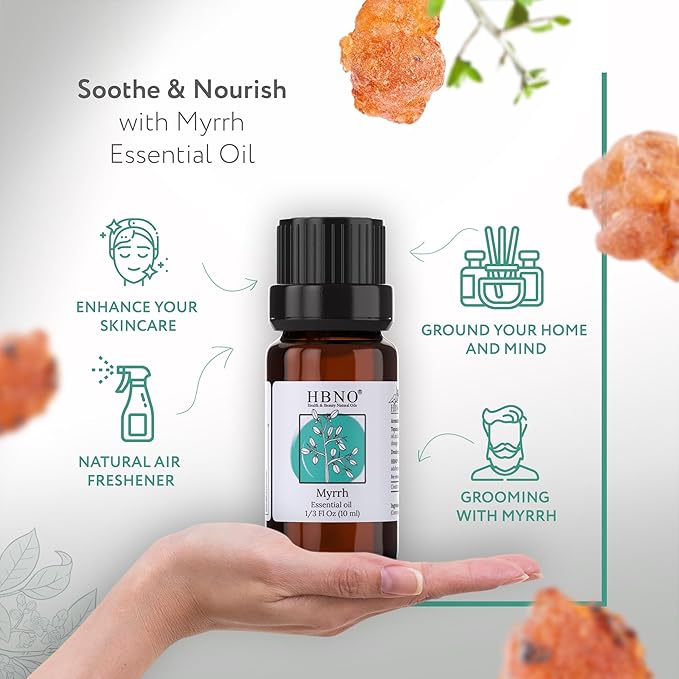 HBNO Myrrh Essential Oil - 1/3 oz (10 ml) Travel Size - Natural Myrrh Oil - Perfect for Cleaning, Aromatherapy, DIY, Soap and Diffuser - Myrrh Essential Oils