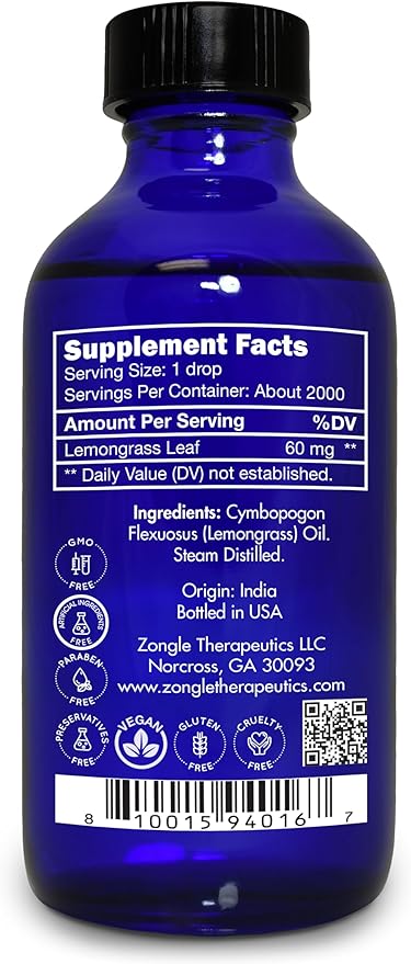 Lemongrass Essential Oil, Food Grade, Edible – 100% Pure, Lemongrass Oil,by Zongle Therapeutics, 4 OZ