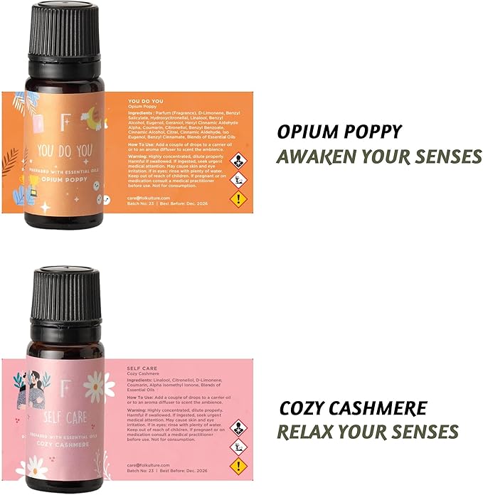 Folkulture Self Love Club Essential Oils Set | 6 Relaxing Fragrance Oils for Diffusers | Green Tea, Cashmere, Ocean Salt and More| Valentine’s Day Aromatherapy Gift for Her | Self-Care Lovers