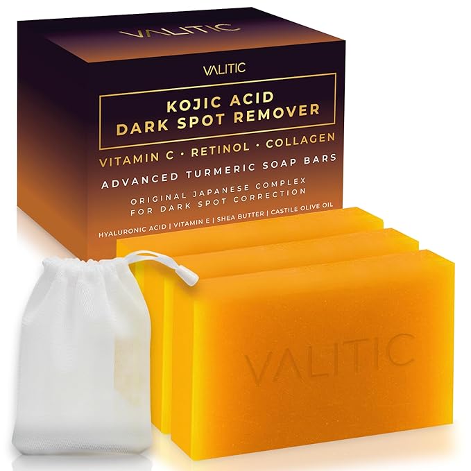 VALITIC Kojic Acid Dark Spot Corrector Soap Bars with Vitamin C, Retinol, Collagen, Turmeric - Original Japanese Complex - Hyaluronic Acid, Vitamin E, Shea Butter, Castile Olive Oil - With Bag