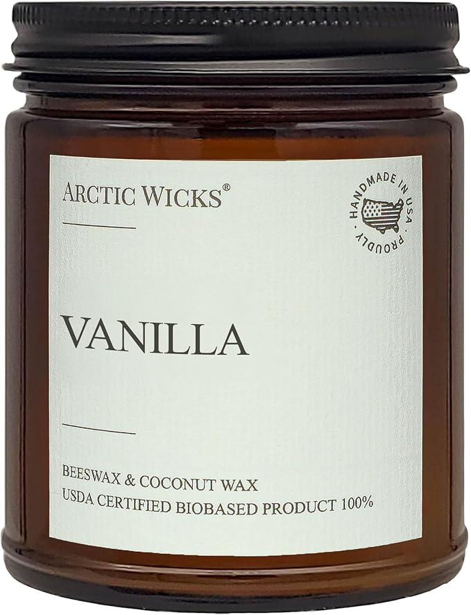 Vanilla Scented Coconut & Beeswax Candle | 9oz Amber Jar | Arctic Wicks Handmade Non-Toxic Clean Burning Candles | Inspired by Festive Vanilla Fig | Spa or Gift | USDA Certified 100% Biobased