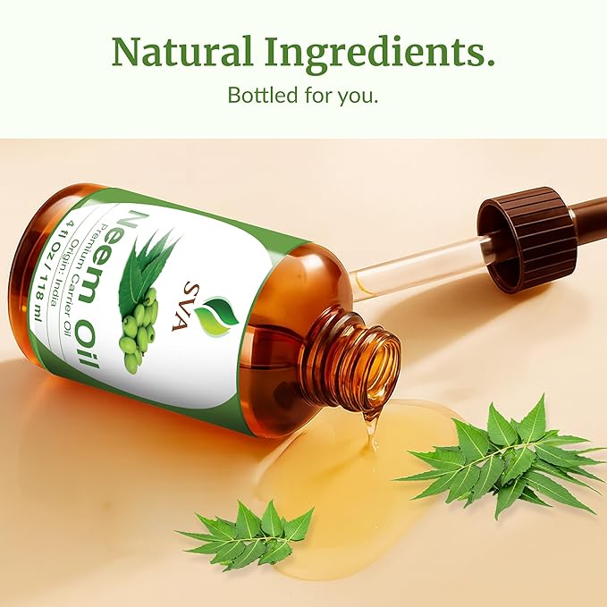 SVA Neem Seed Oil - 4 Fl Oz – 100% Natural Cold Pressed Neem Oil - for Face, Skin Care, Hair Care, Scalp Massage & Body Massage – Carrier Oil with Dropper