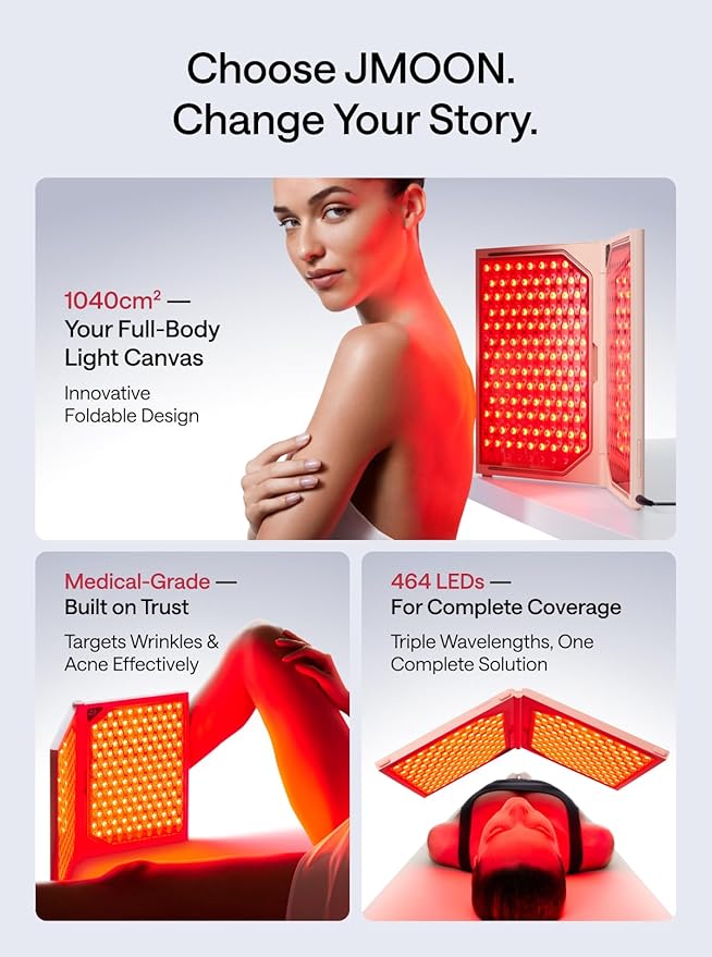 JMOON Medical-Grade Foldable Red Light Therapy for Face, Anti-Wrinkle with Red & Near-Infrared Light Therapy, Treats Acne with Blue & Red Light | 3 Modes, 1040 cm² Larger Area, 464 High-Intensity LEDs