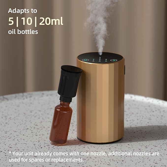 Waterless Essential Oil Diffuser Aromatherapy Scent Diffusers for Home Large Room, Bedroom, Car, Office, Desk, Battery Operated Mini Portable Air Freshener (Golden)
