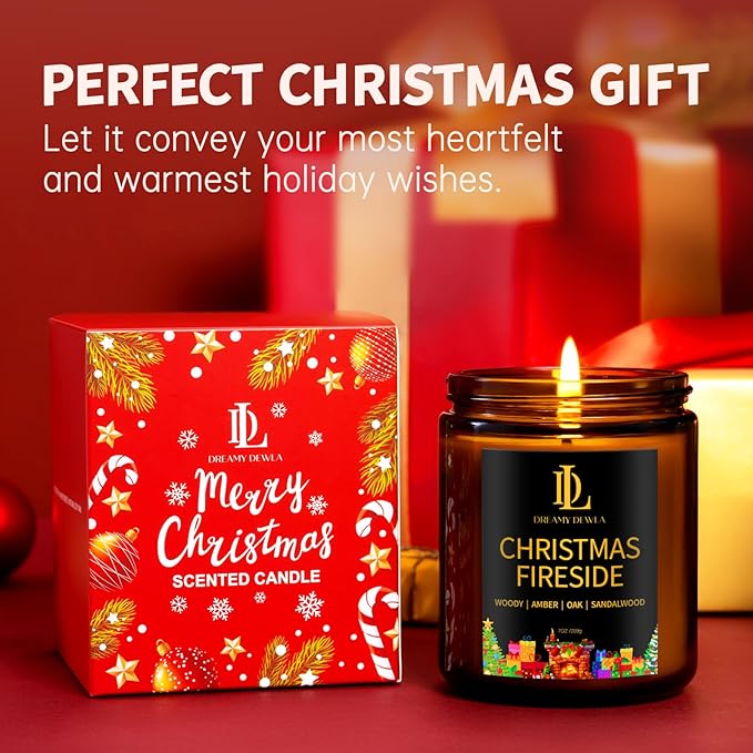 Christmas Fireside Scented Candle, Natural Soy Candles for Home Scented, 7oz Holiday Candle with 50hr Burn Time, Aromatherapy Candles Christmas Holiday Gifts for Women Men