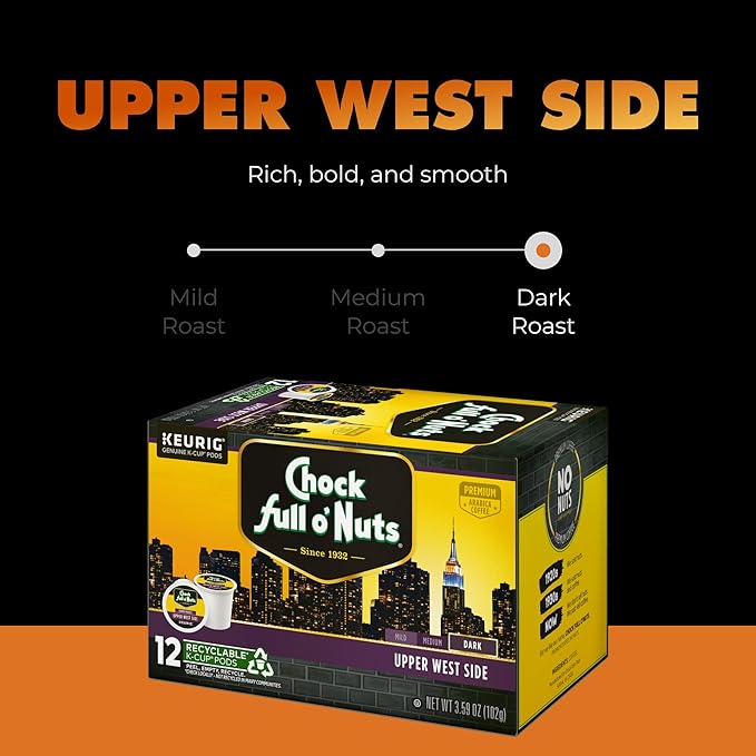 Chock Full o' Nuts Upper West Side Keurig K-Cup Pods for Keurig Brewers – Premium Arabica, Dark Roast – Single Serve – 6 Packs of 12 K-Cup Pods