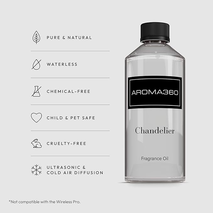 Aroma360 - Chandelier Fragrance Oil Blend | Hotel Inspired for Luxury Essential Oil Diffusers | Aromatherapy Scent Diffuser Oil | Bergamot, Woodsy Sandalwood, and Flirtatious Saffron - 500ML