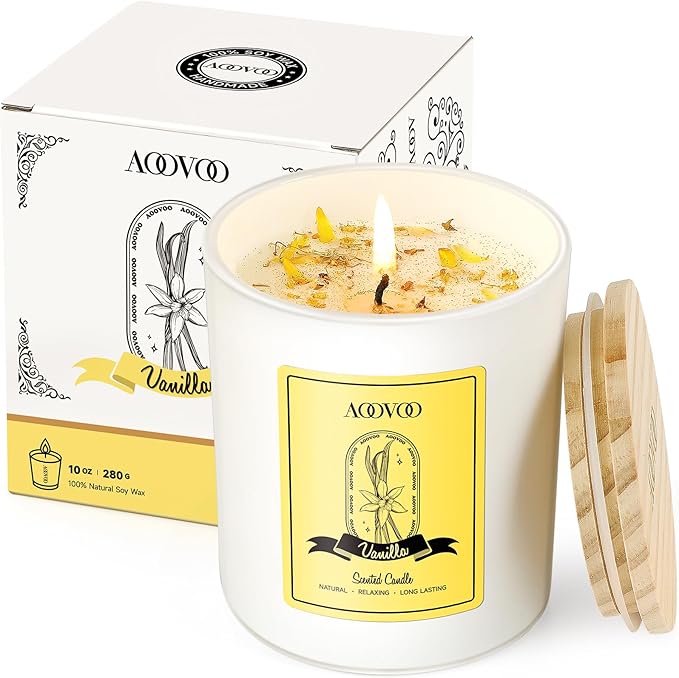 AOOVOO Vanilla Scented Candles for Women - Aromatherapy Candle with Crystals Inside, 10oz Soy Candles for Home Scented, Birthday Gifts Christmas Candle for Women Mom