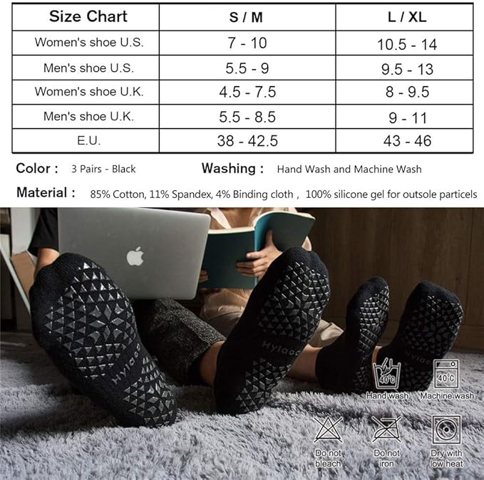 Hylaea Unisex Non Slip Socks with Grip for Yoga, Hospital, Pilates, Barre | Ankle, Cushioned