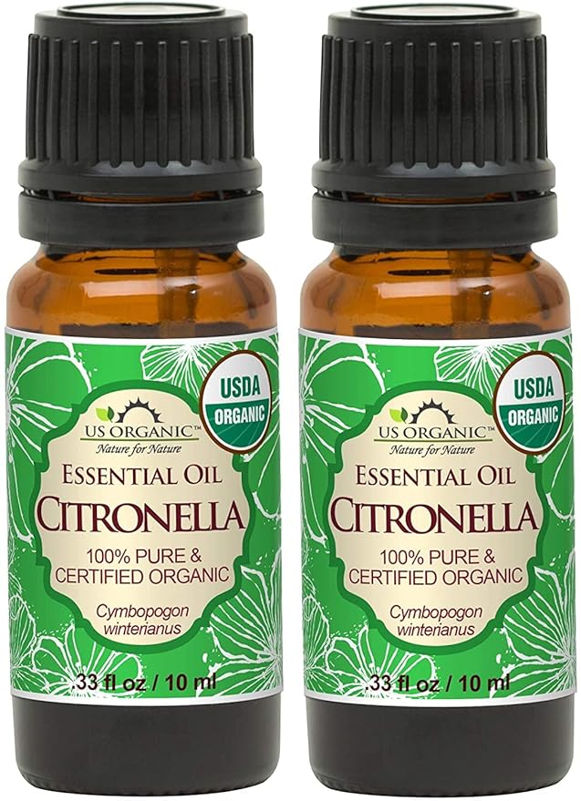 US Organic Citronella Essential Oil, USDA Certified, 100% Pure, 10 ml Pack of 2, Improved caps and droppers – Used for Skin Care, Many DIY Projects Like Candle Making and Much More
