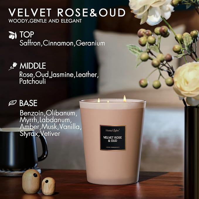 HomeLights Scented Candles | Large Jar Candle-33.3 Oz. Natural Soy Aromatherapy Candles | Up to 130 Hours Burn Time with 3 Cotton Wicks, Home Decorative Fragrance Candles Gift - Velvet Rose Oud