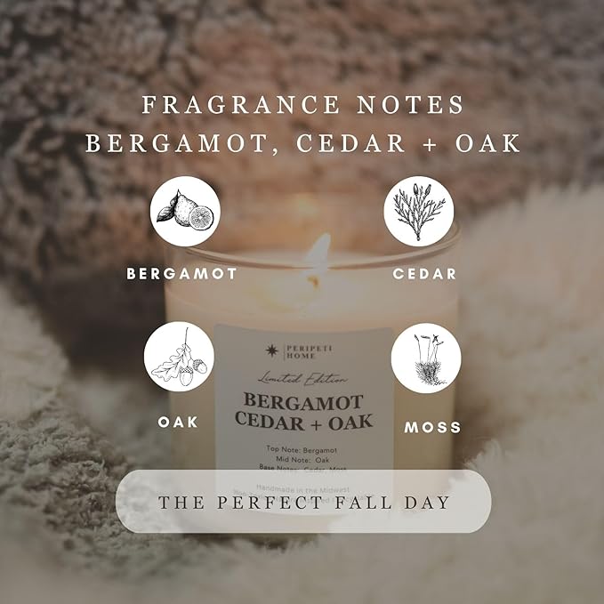 PERIPETI Home Bergamot, Cedar + Oak Scented Candle, Classic Wick – 8.5oz Natural Soy Wax for Energizing Aromatherapy, Long-Lasting Burn
