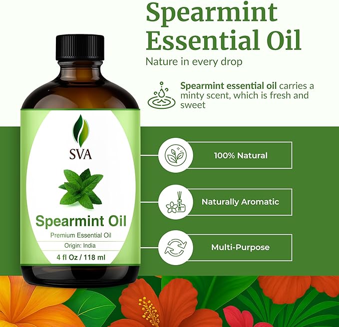 SVA Spearmint Essential Oil – 4 Fl Oz – 100% Natural Spearmint Oil - for Diffuser, Hair Care, Face, Skin Care, Aromatherapy, Scalp and Body Massage, Soap and Candle Making – with Dropper