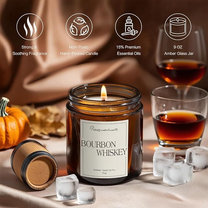 Bourbon Whiskey Scented Candle for Home, Natural Soy Wax Aromatherapy Non Toxic Candle Gifts for Women & Men, Handmade Highly Scented & Long Lasting Jar Candle for Stress Relief (9oz)