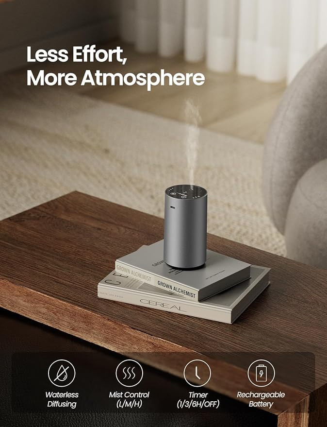 Waterless Essential Oil Diffuser, Rechargeable Scent Diffusers with 3 Mist Levels & Timers, Portable Aromatherapy Diffuser for Home Car Room Studio Office, Iron Grey Metal