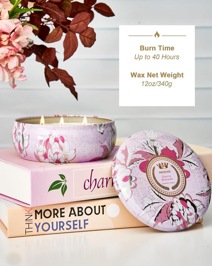 M&SENSE Cherry Blossom Scented Candles, Large 3 Wick Soy Tin Candle, Over 40 Hour Burning Time, 100% Natural Vegan Wax, Relaxing Aromatherapy Aesthetic Candle Gift for Women and Men