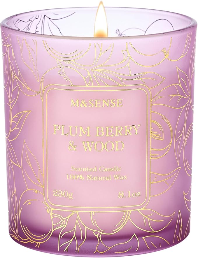 M&SENSE Plum Berrry Wood Soy Candles, Vegan Naturally Scented Non Toxic 8.1oz 42-Hour Burn Time, Winter Aromatherapy Candle for Stress Relief, Housewarming New Year Gifts