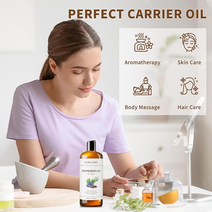 MAYJAM Organic Grapeseed Oil for Skin & Hair 16 oz, USDA Certified 100% Pure & Natural Grape Seed Oils, Cold Pressed Body Massage Carrier Oil for Skin Face Essential Oils Mixing, Hexane Free