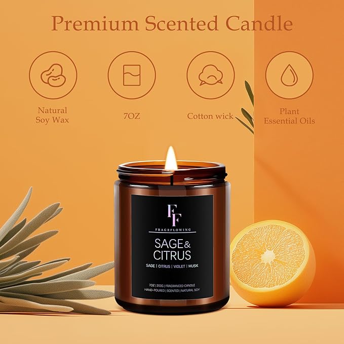 Sage & Citrus Candle, Scented Candle for Home Soy Wax Candle, Aromatherapy Candle Gift for Women Men, 7oz