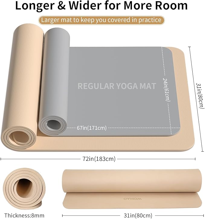 WOHAO Extra Wide & Thick 8mm Yoga Mat, 72"x31.5" Large Non Slip Exercise Mat, Premium POE Material for Superior Cushioning & Stability, with Strap for Home Gym, Pilates