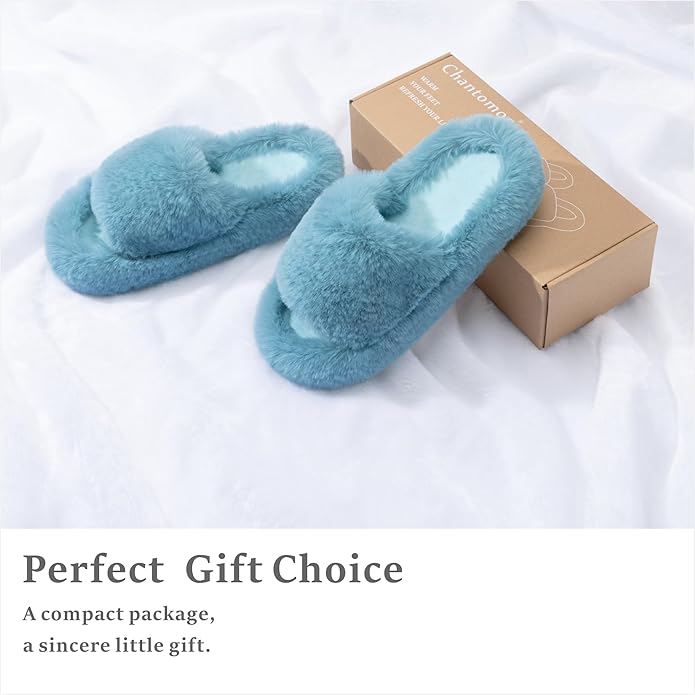 Chantomoo Women's Blue Memory Foam Faux Fur Lined Open Toe Slippers for Women - US 12