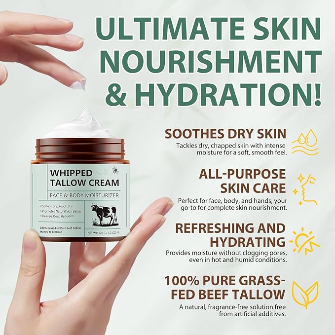 Beef Tallow for Skin, Whipped Tallow Cream Organic for Face, 100% Grass-Fed Pure Beef Tallow, Honey & Beeswax, Whipped Tallow Honey Balm for Face Moisturizer Body Lotion Skin Care for Sensitive Skin