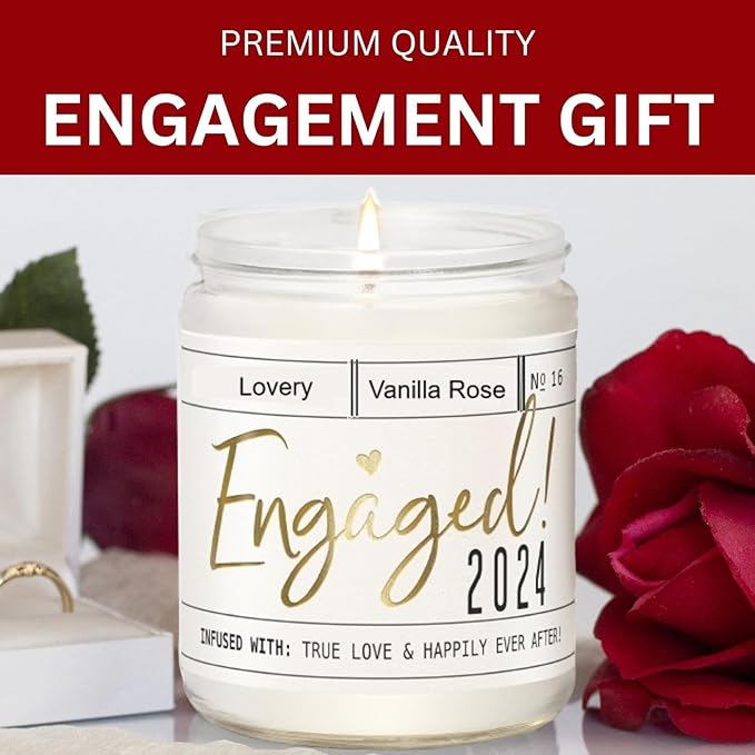 LOVERY Engagement Gift, Vanilla Rose Scented Soy Wax Candle, Engagement Gifts for Couples, Engaged 2024 Candle, Engagement Gifts for Her, Fiancé Gifts for Women, 50Hr Burn, White, Gold