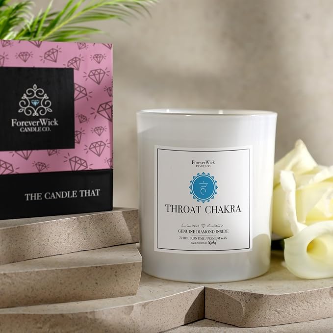 Foreverwick Throat Chakra Aromatherapy Soy Wax Natural Candle | Rock Quartz Crystals | Bergamont Aroma Therapy Scented | Zinc Free Wick | 14 oz Organic