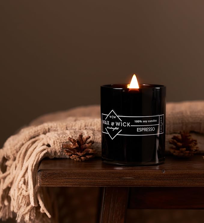 Wax & Wick 12oz Espresso Scented Candle for Men, 100% Soy Wax, Double Wood Wick, Black Jar, Long Lasting, Masculine Scents, Perfect for Home, Mancave, Bachelor Pad, Men's Gift - Made in USA