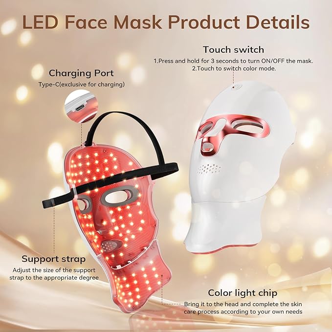 Red Light Therapy Mask for Face,Cordless LED Face Mask Light Therapy,USB C Rechargeable,Infrared Lights Masks for Home Working Travel Yoga Sleep