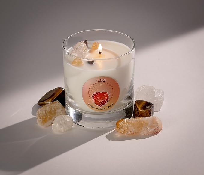 Luxury Glass Jar Candle, Leo Zodiac Sign, 8.8 oz - Crystal Infused - Scents of Ozone, Chili Pepper, Mandarin &and Coconut - USA Made, Coconut-Soy Wax, Essential Oils, Dr. Developed