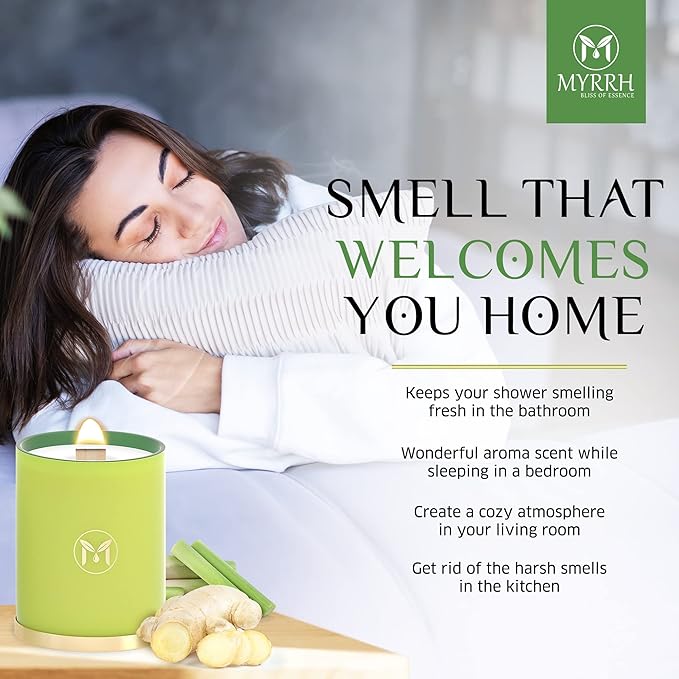 MyrrhUSA Lemongrass Ginger Scented Candle – 15oz Natural Soy Wax with Crackling Wooden Wick & Essential Oil, 80 Hour Burn, Luxury Aromatherapy Candle for Relaxation, Home Décor, Living Room & Bathroom