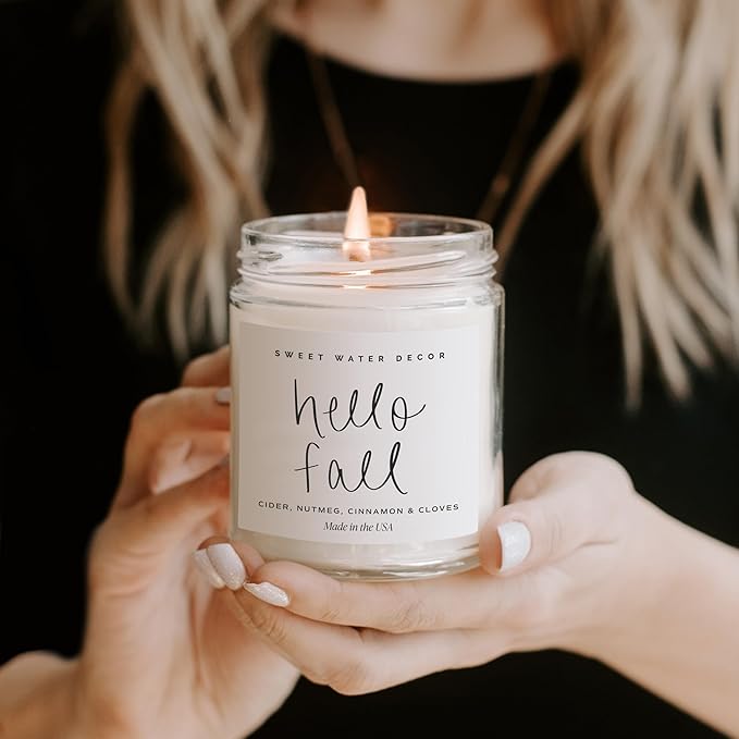 Sweet Water Decor Hello Fall Candle - Cinnamon Apples & Clove Autumn Fall Scented Candle for Home Decor - 100% Cotton Wick Soy Wax Candles with 40 Hour Burn Time - Made in The USA - 9oz Clear Jar