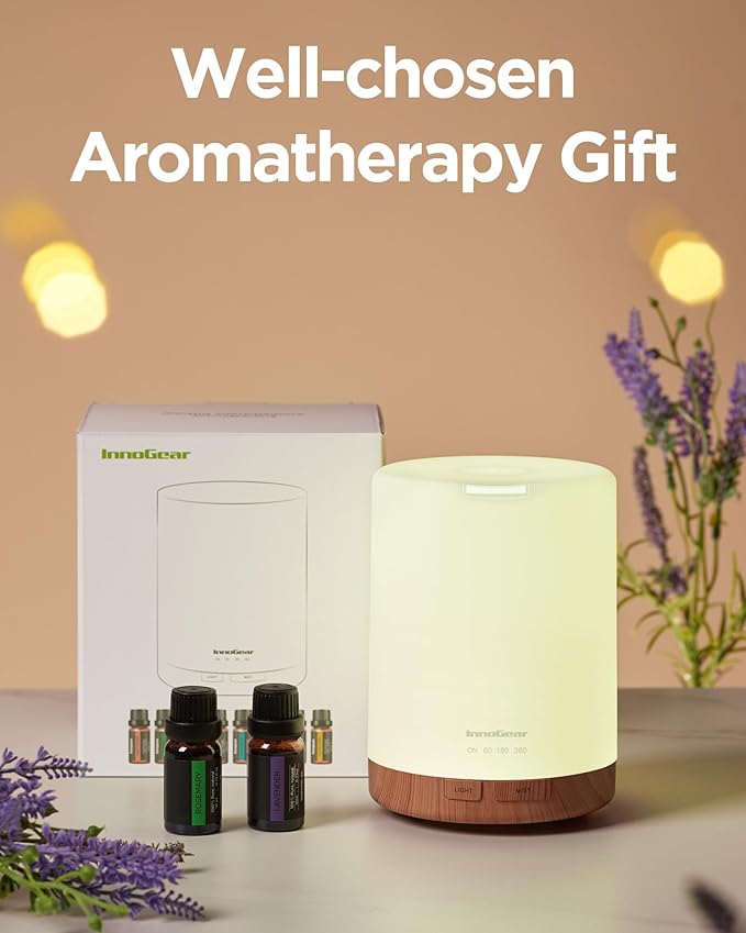InnoGear Aromatherapy Diffuser & 8 Essential Oils Set, 300ml Premium 5-in-1 Ultrasonic Essential Oil Diffusers Scent Humidifier Aroma Diffuser Vaporizer Auto-Off Timer for Room Office Home, Yellow
