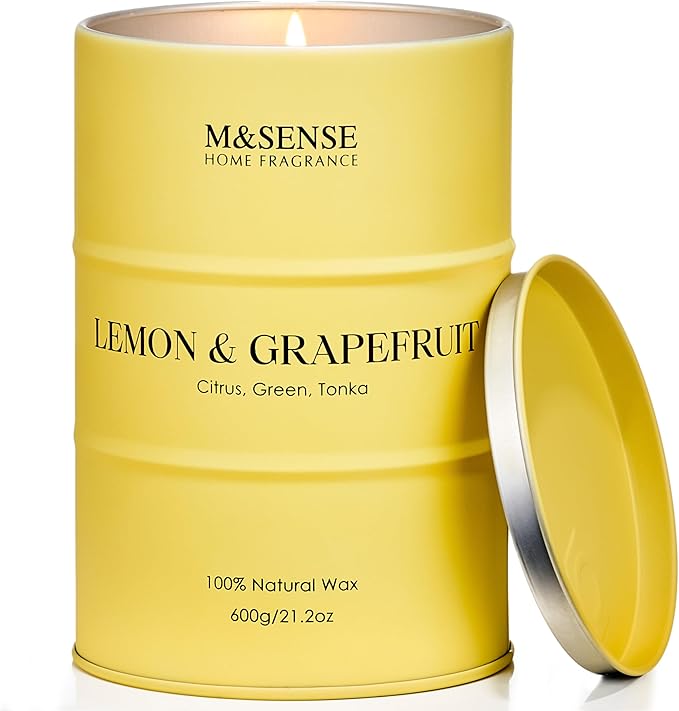 M&SENSE Lemon Candle Large for Home Scented, Lemon Soy Candles 21.2oz 120 Hour Slow Burning, Highly Scented Limoncello Grapefruit Citrus Candles for Bathroom, Fresh Smelling Candle