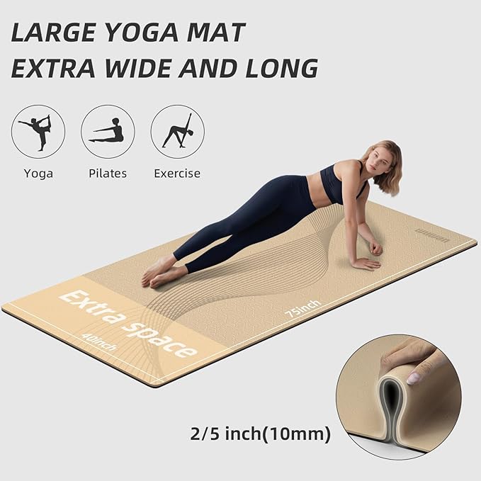 WUWAN Large Yoga Mat 76"x 40"x10mm (2/5 inch) – Extra Thick & Wide, TPE Fitness Mat, Printed Non-Slip Exercise Mat with Carrying Strap for Men & Women, Pilates, Stretching, Fitness & Workout