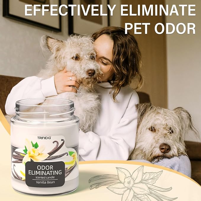 TRINIDa Vanilla Bean Odor Eliminating Candles for Home Scented, Eliminates 99% of Pet, Smoke, Food and Other Smell Quickly, Highly Fragranced Scented Candle, Premium Soy Candle Set for Women