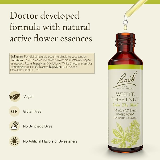 Bach Original Flower Remedies, White Chestnut - Calm The Mind - Natural Homeopathic Flower Essence for Emotional Balance - Vegan, Gluten Free, Sugar Free - 20mL Dropper