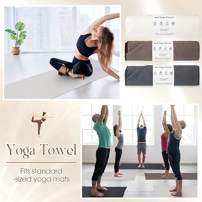 Hahafelt 3 Pack Non Slip Hot Yoga Mat Towel with Grip Dot and Secure Fit Elastic Straps 72" x 26" Microfiber Yoga Towel Absorbent Sweat for Pilates Fitness (Beige Dark Gray Coffee)