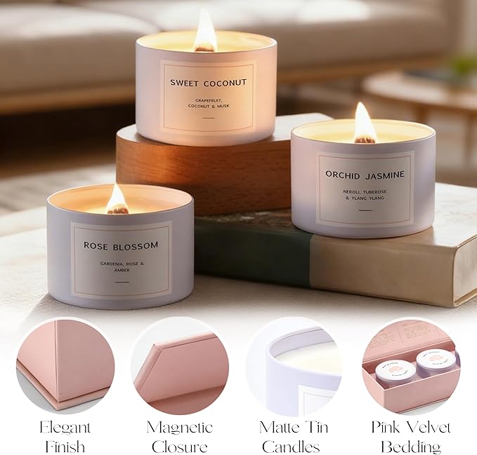 Candle Gift Set for Women – 3 Scented Soy Candles in Pink Gift Box – Orchid & Jasmine, Sweet Coconut, Rose Blossom – Birthday Gifts for Women, Christmas Gifts, Housewarming, Aromatherapy Candles