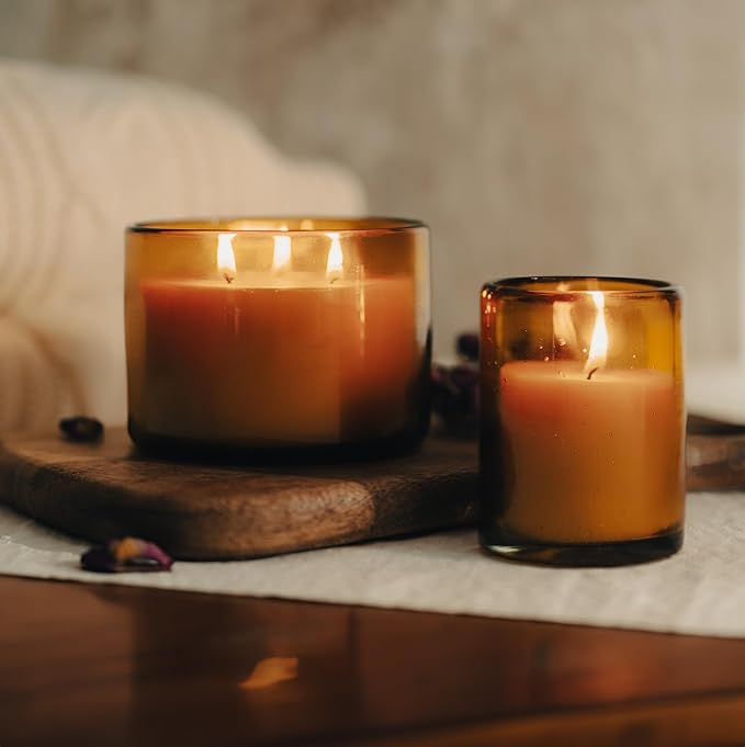 Bluecorn Beeswax Large 3-Wick Candle, 100% Pure Beeswax with Tangerine & Geranium Essential Oils, Amber Glass, Soy Free, Clean Burning Candle Wax, Long Lasting, Home Decor, American Made, 8 Oz, 1 Ct