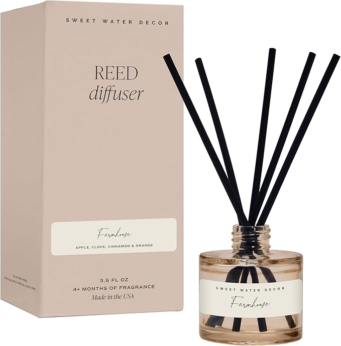Sweet Water Decor Farmhouse Sandstone Reed Diffuser, Fall Scent with Pumpkin, Apple & Spices, Long-Lasting Non-Toxic Fragrance Oil for Living Room, Kitchen & Bathroom, Cozy Autumn Gift for Her