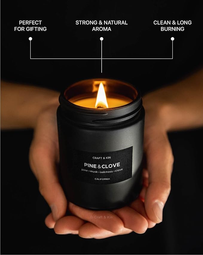 Craft & Kin Premium Pine & Clove Candle | Black Christmas Scented Candles for Home | Christmas Tree Candle | Long Lasting with 45 Hour Burn Time, 7.6oz | Soy Holiday Candles | Aromatherapy at Home