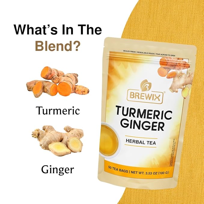 BREWIX, Turmeric Ginger Herbal Tea Bags (50 Pyramid Tea Bags) Caffeine-Free Ayurvedic Blend for Daily Wellness & Immune Balance | Daily Wellness Ritual | Gluten Free | Real Ingredients From India