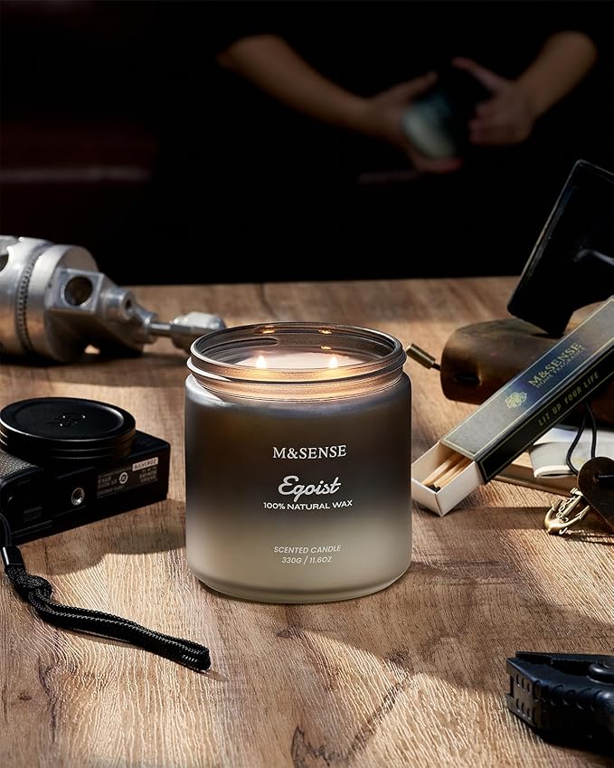 M&SENSE Lavender Sandalwood Scented Men Candles, 2 Wick 11.6oz Large Natural Soy Candle for Men 70 Hours Long Lasting Burn, Organic Black Masculine Candles Home Fragrance Holiday Candlde for Him