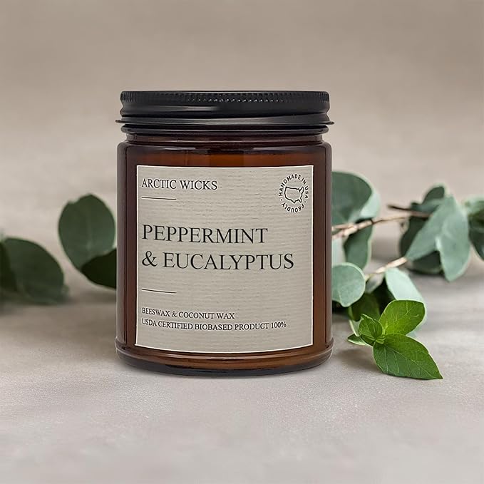 Arctic Wicks Scented Coconut Beeswax Candles | Coconut Beeswax Non Toxic Candle 9oz Amber | Farmhouse Candles Non-Toxic Clean Burn 100% USDA Certified Biobased (Peppermint & Eucalyptus)