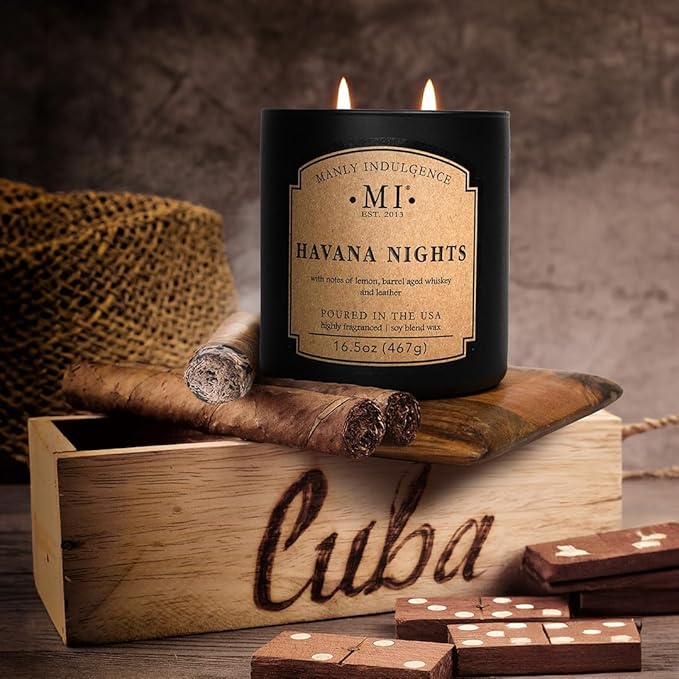 Manly Indulgence Havana Nights Scented Candles for Men, 2 Wick, 16.5 oz, Premium Soy Blend Wax, 60H Burn, Candles for Home Scented - Made in The USA