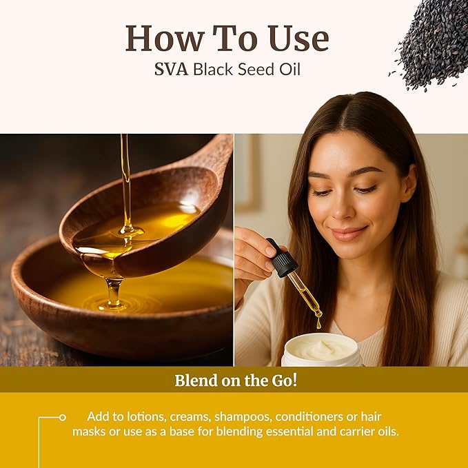 SVA Black Seed Oil Organic - 32 Fl Oz – 100% Natural Cold Pressed Organic Black Seed Oil - for Face, Skin Care, Hair Care, Scalp Massage & Body Massage – Carrier Oil