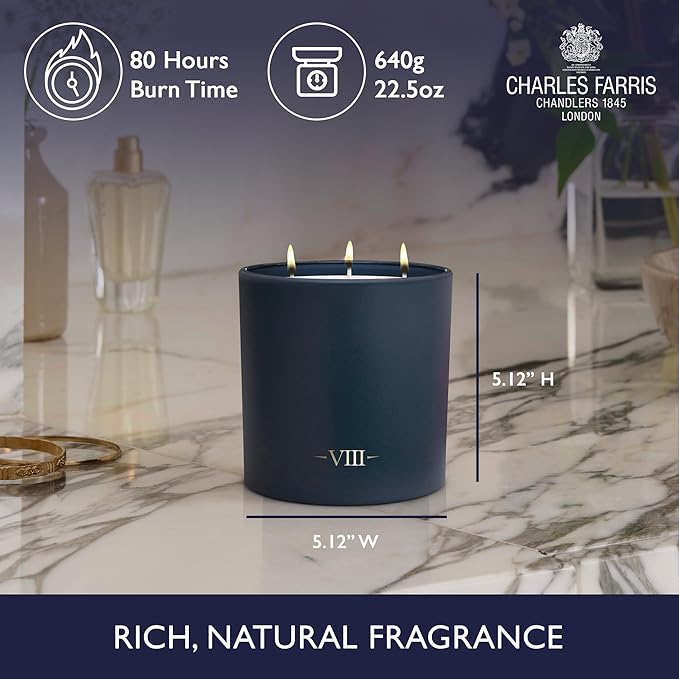 Charles Farris Luxury Scented Candle – 3 Wick, Hand-Poured, Long Lasting, Clean Burning, 640g / 22.5oz, Up to 80 Hour Burn, Made in England – Orange Blossom, Jasmine, Green Mulberry – Elizabeth